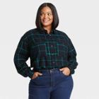 Women's Plus Size Plaid Long Sleeve Button-down Flannel Tunic Top - Ava & Viv Black Plaid