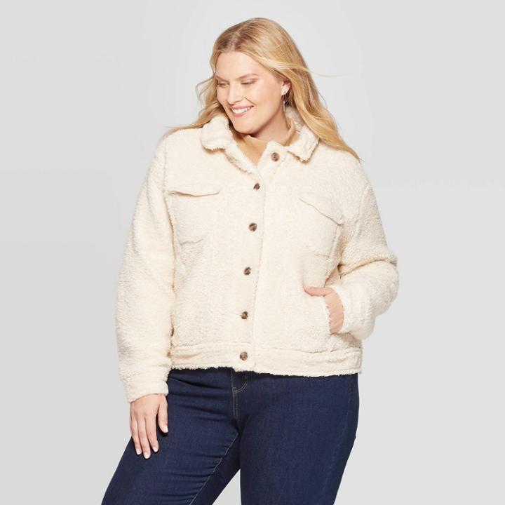 Women's Plus Size Sherpa Jacket - Ava & Viv Cream 3x, Size: