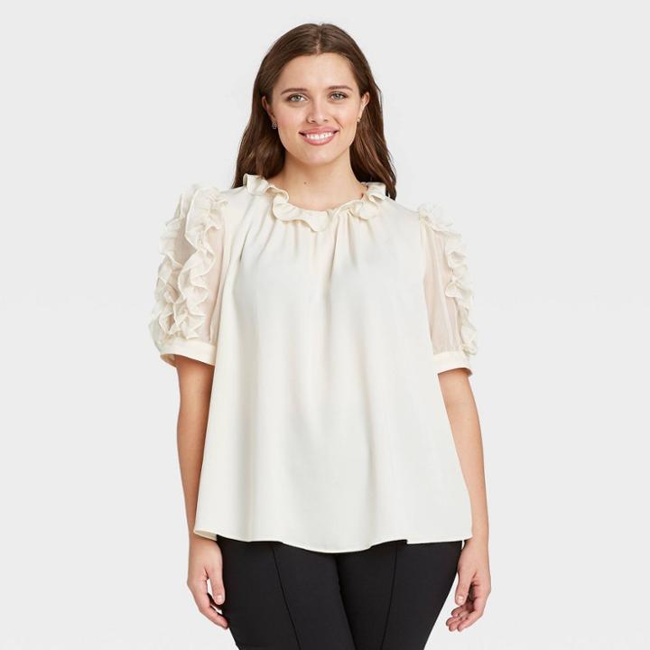 Women's Plus Size Puff Elbow Sleeve Ruffle Top - Who What Wear Cream