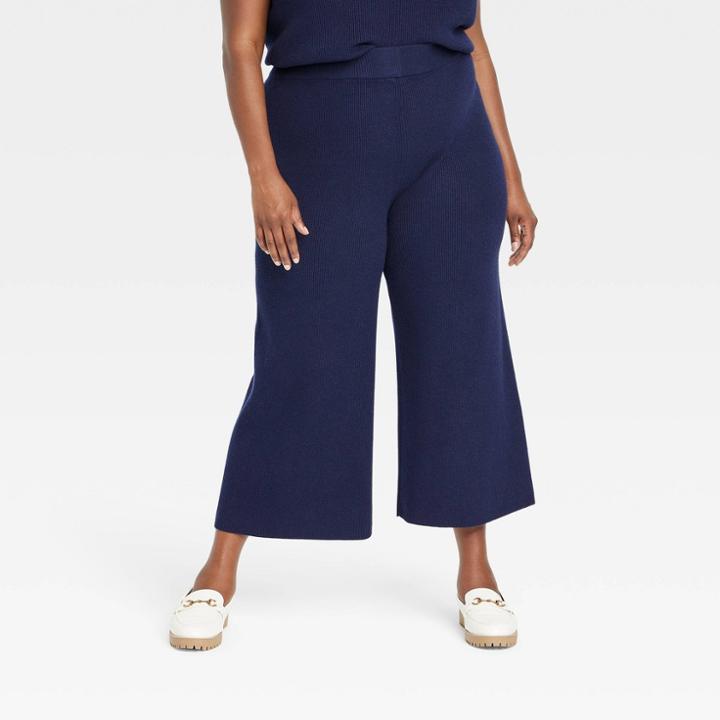 Women's Plus Size High-rise Ribbed Sweater Wide Leg Pants - A New Day Navy Blue