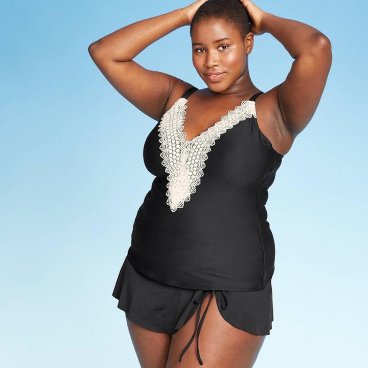 Women's Plus Size Lace Halter Tankini Top - Sea Angel Black 1x, Women's,