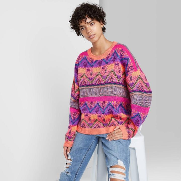 Women's Fair Isle Crewneck Oversized Pullover Sweater - Wild Fable Purple/pink