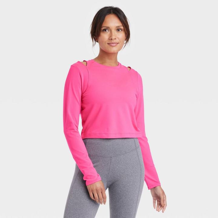 Women's Long Sleeve Cropped Top - All In Motion Neon Pink