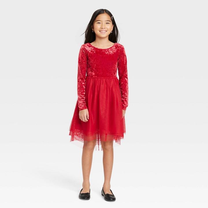 Girls' Long Sleeve Velvet Tulle Dress - Cat & Jack Dark Red