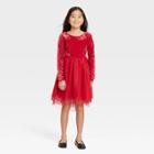 Girls' Long Sleeve Velvet Tulle Dress - Cat & Jack Dark Red