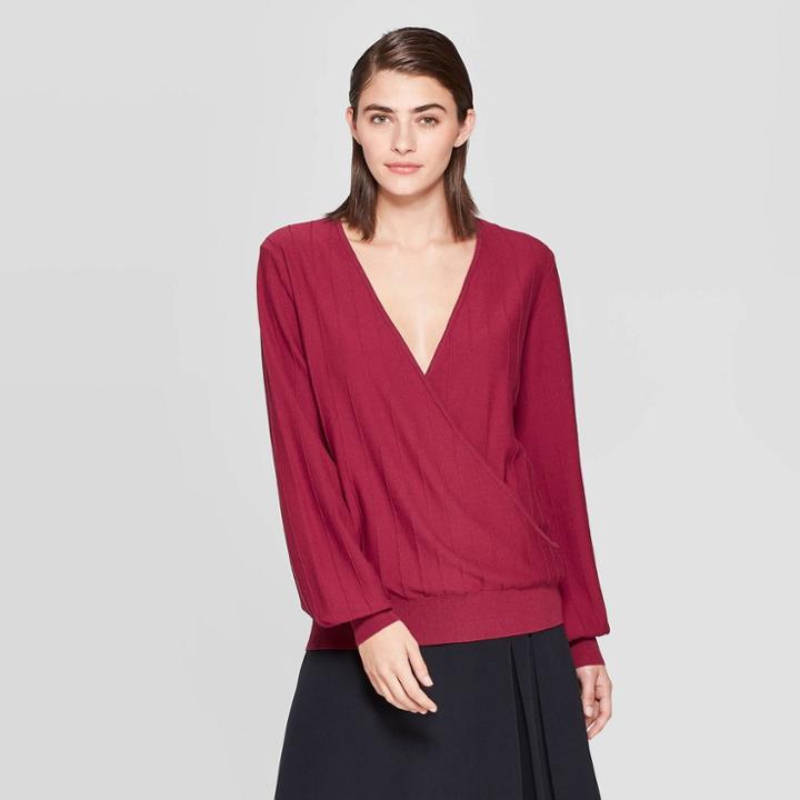 Women's Long Sleeve V-neck Wrap Pull Over Sweater - Prologue Red