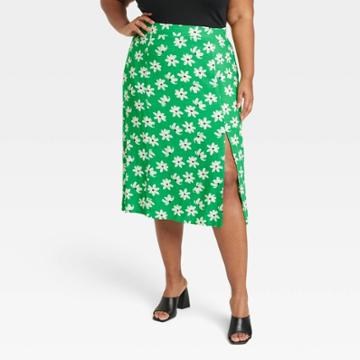 Women's Slit Midi A-line Skirt - Ava & Viv Green Floral