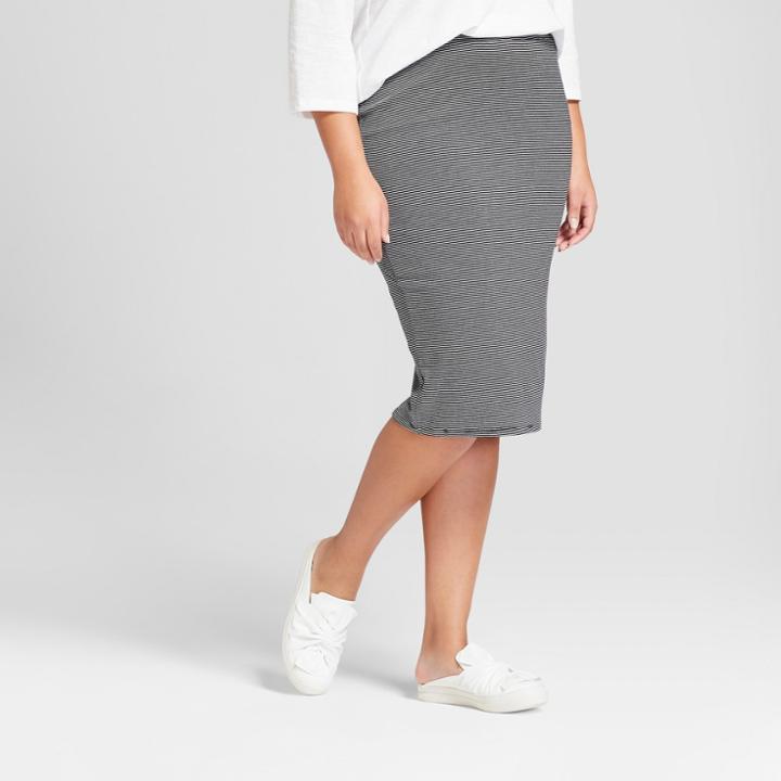 Women's Plus Size Stripe Knit Midi Skirt - Ava & Viv Black/white X