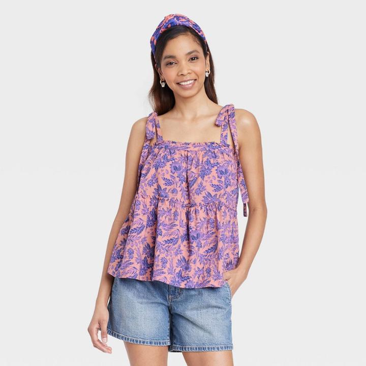 Women's Tie-strap Tiered Tank Top - Universal Thread Pink Floral