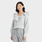 Women's V-neck Ruffle Pullover Sweater - A New Day Gray