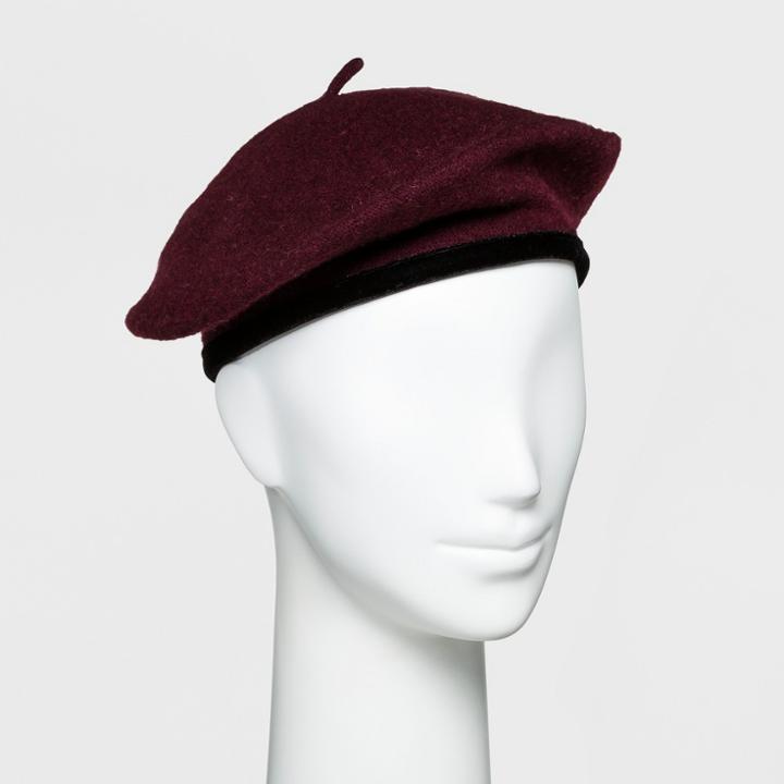 Women's Wool Velvet Trim Beret - A New Day Burgundy, Red