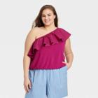 Women's Plus Size One Shoulder Ruffle Top - A New Day Magenta