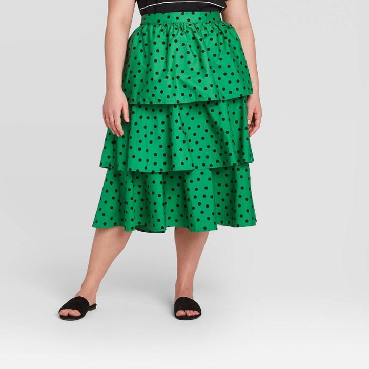 Women's Plus Size Polka Dot Mid-rise Tiered Ruffle A-line Midi Skirt - Who What Wear Green