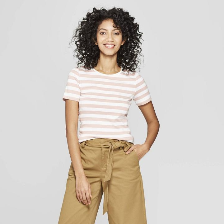 Women's Striped Fitted Short Sleeve Crew T-shirt - A New Day Smoked Pink/white