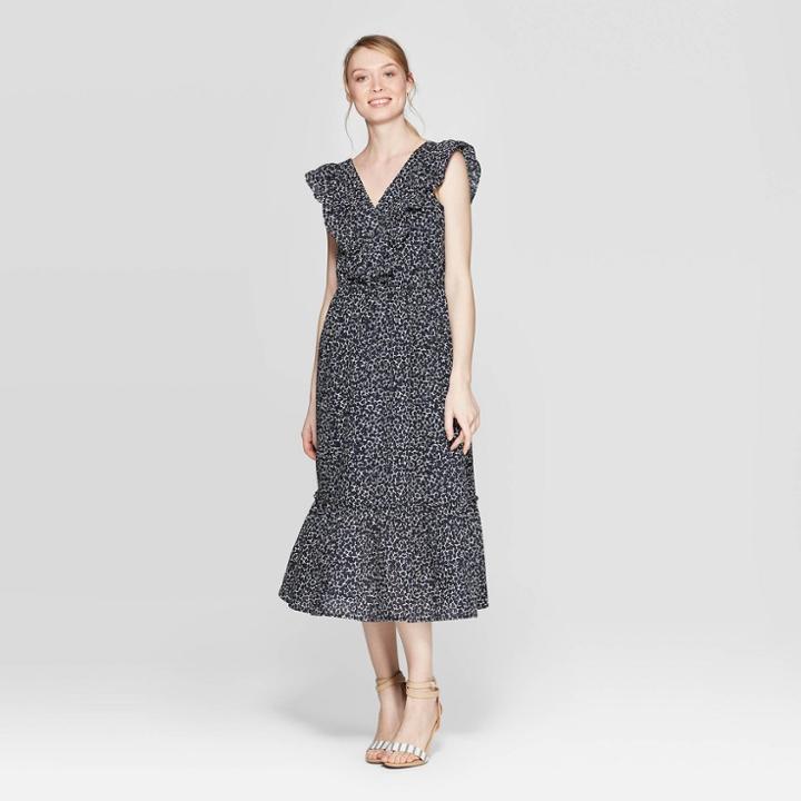 Women's Floral Print Sleeveless Ruffle V-neck Loose Fit Maxi Dress - Who What Wear Jet Black