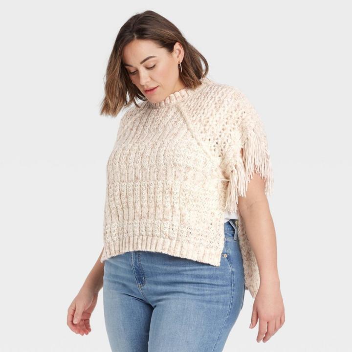 Women's Knit Poncho - Universal Thread Heather Cream One Size, Ivory/grey