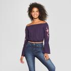 Women's Long Sleeve Embroidered Sleeve Off The Shoulder Top - Xhilaration Blue