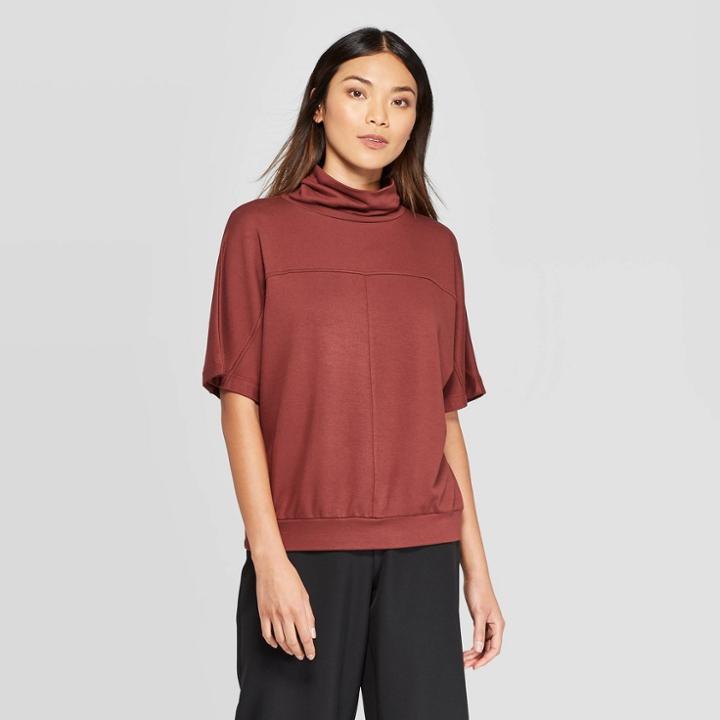 Petitewomen's Dolman Short Sleeve Mock Turtleneck Fleece Top - Prologue Burgundy Xs, Women's, Red