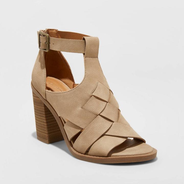 Women's Auburn Faux Leather Open Toe Stacked Heel Pumps - Universal Thread Taupe 5, Women's, Gray