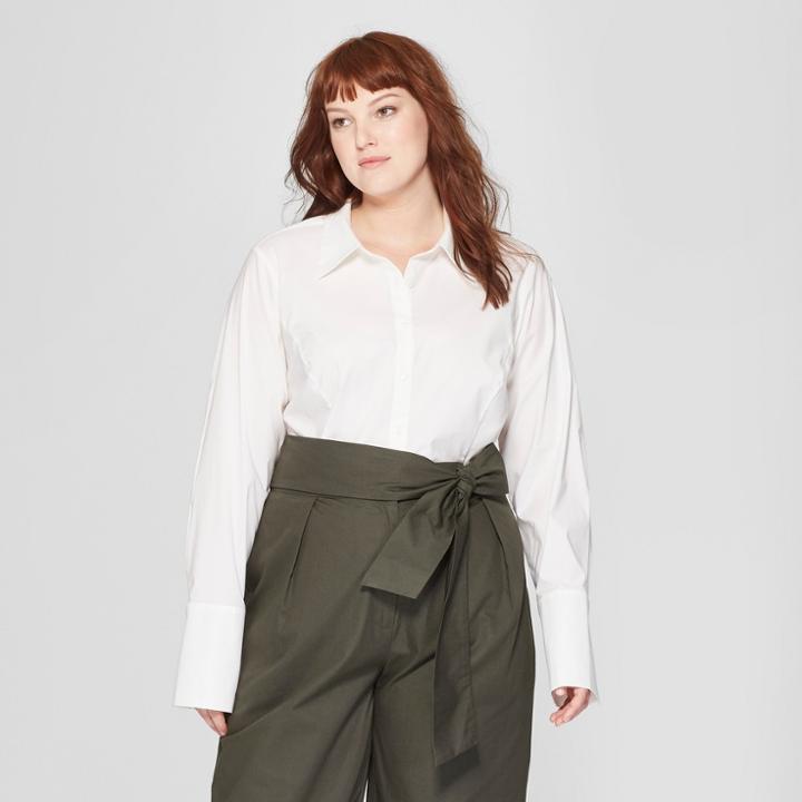 Women's Plus Size Long Sleeve Fitted Button-down Collared Shirt - Prologue White X