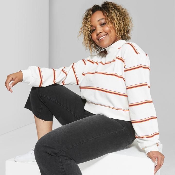 Women's Plus Size Striped Mock Neck Pullover Sweatshirt - Wild Fable White