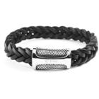 West Coast Jewelry Men's Crucible Stainless Steel Braided Black Leather With Diamond Textured Closure Bracelet, Black/silver