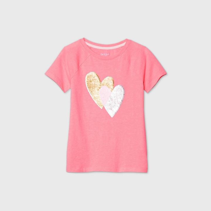Girls' Short Sleeve Flip Sequin Hearts T-shirt - Cat & Jack Neon Pink