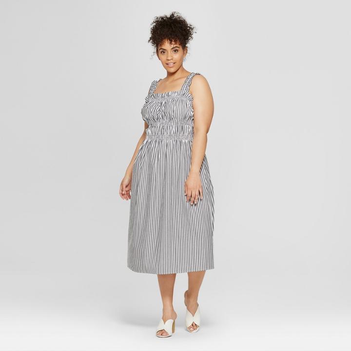 Women's Plus Size Striped Smocked Tank Midi Dress - Who What Wear Black/white 2x, Black/white