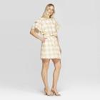 Women's Gingham Short Ruffle Sleeve Boat Neck Tie Waist Shift Dress - Who What Wear Taupe/white (brown/white)