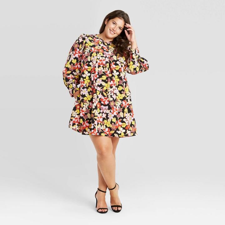 Women's Plus Size Floral Print Balloon Long Sleeve Pleated Shift Dress - Who What Wear