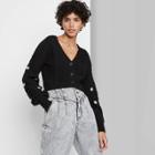 Women's Floral Print Cropped Cable Knit Cardigan - Wild Fable Black