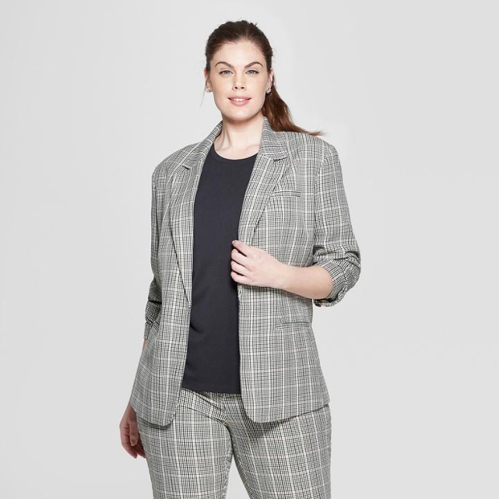 Women's Plus Size Plaid Blazer - Ava & Viv 1x,