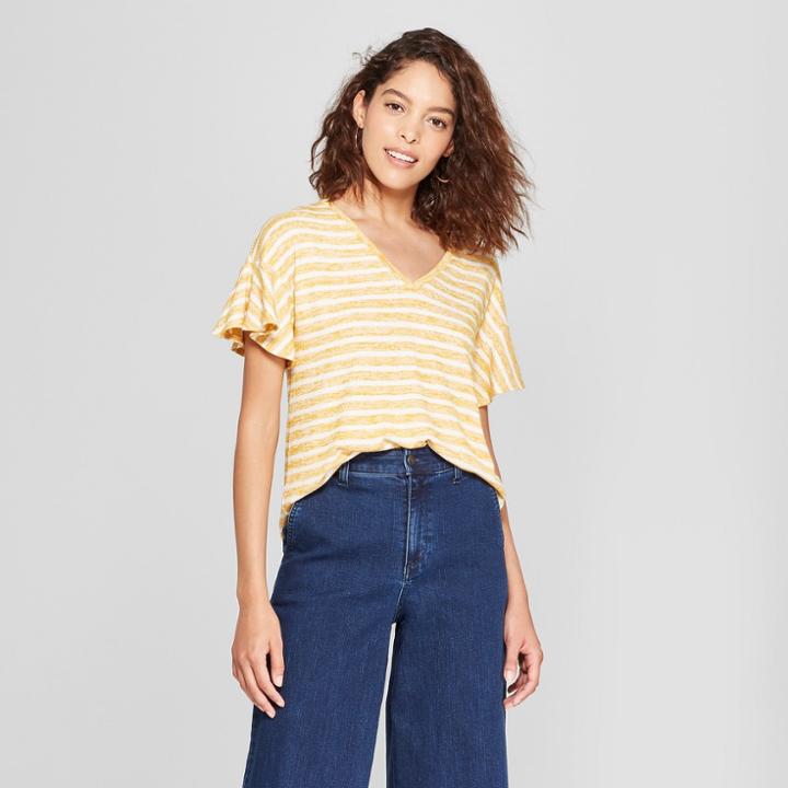 Women's Striped Ruffle Sleeve T-shirt - A New Day Gold/white