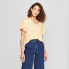 Women's Striped Ruffle Sleeve T-shirt - A New Day Gold/white