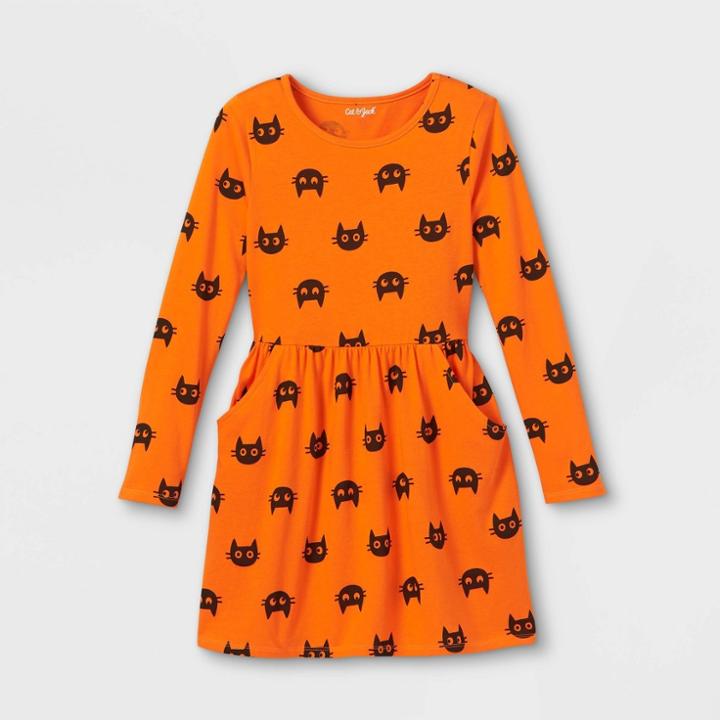 Girls' 'halloween Cat' Printed Knit Long Sleeve Dress - Cat & Jack Orange/black