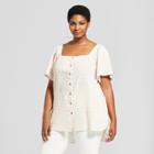 Women's Plus Size Striped Woven Short Sleeve Top - Ava & Viv Cream/tan X, Brown