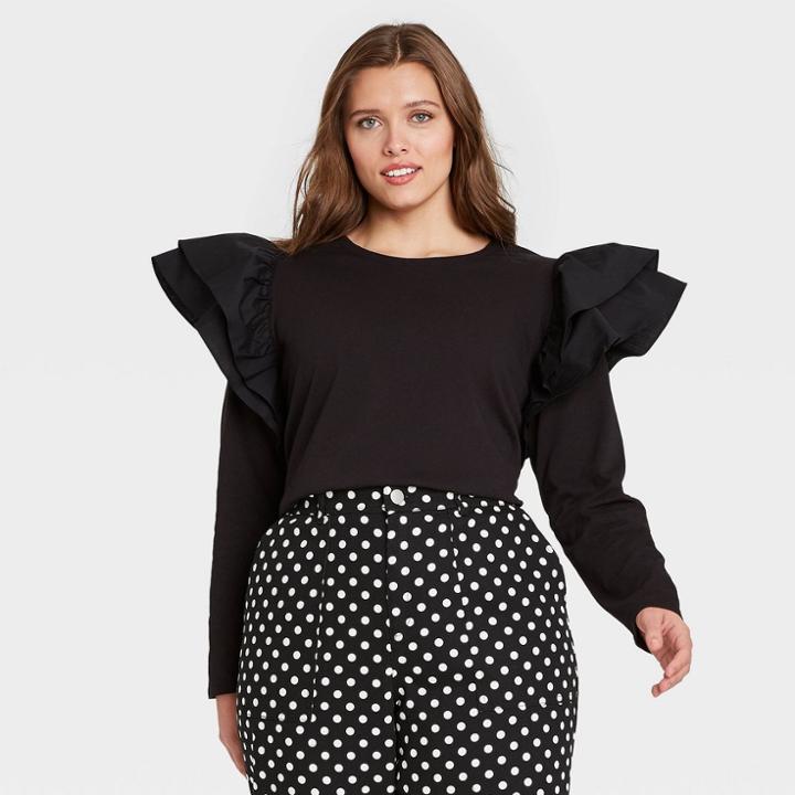 Women's Plus Size Ruffle Long Sleeve Knit Top - Who What Wear Black