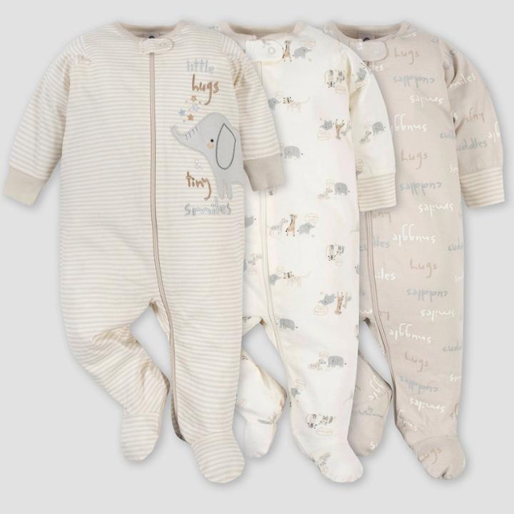 Gerber Baby 3pk Safari Zip-front Sleep N' Play - Gray Newborn