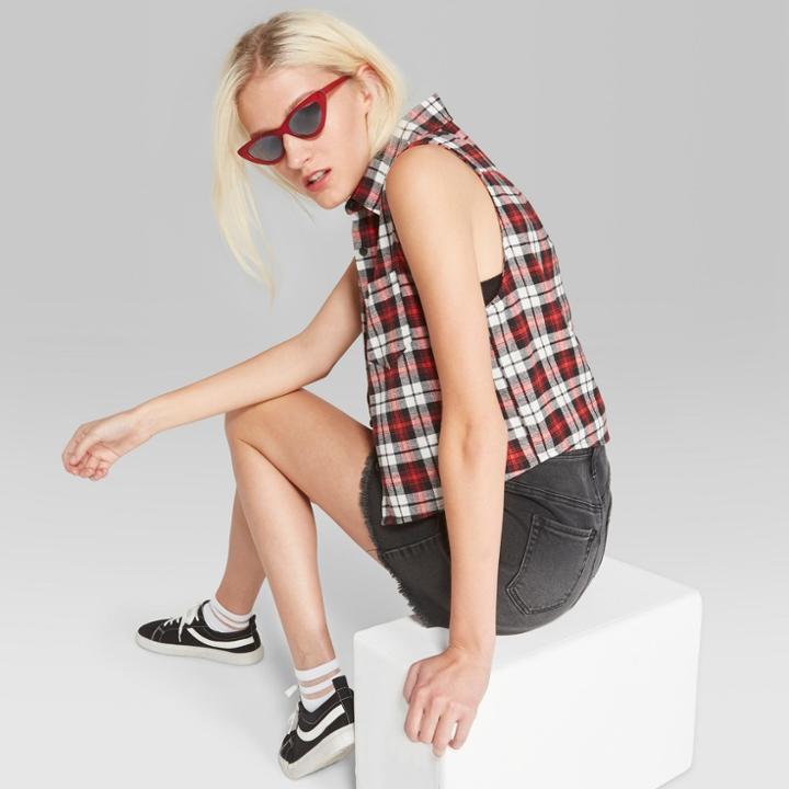 Women's Plaid Sleeveless Flannel Button-down Shirt - Wild Fable Red