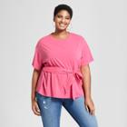 Women's Plus Size Knit Woven Tie Short Sleeve T-shirt - Ava & Viv Pink X