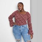 Women's Plus Size Floral Print Puff Long Sleeve Smocked Milkmaid Top - Wild Fable Burgundy