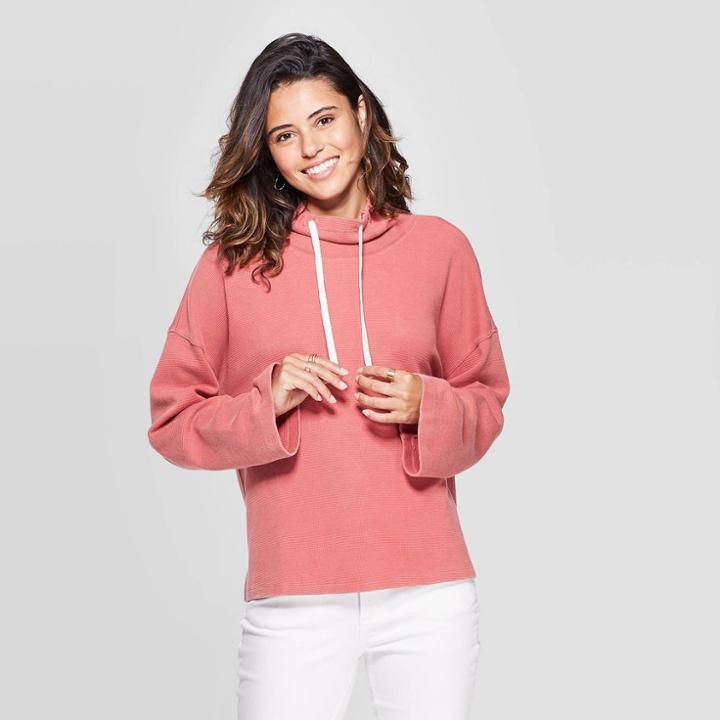 Women's Long Sleeve Mock Turtleneck Waffle Sweatshirt - Universal Thread Rose L, Size: