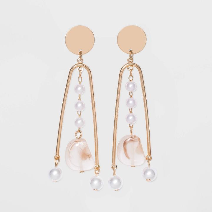 Simulated Pearl With Disc Post And U Shaped Bar Drop Earrings - A New Day Gold, Gold/white