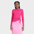 Women's Long Sleeve Side Ruched T-shirt - A New Day Pink