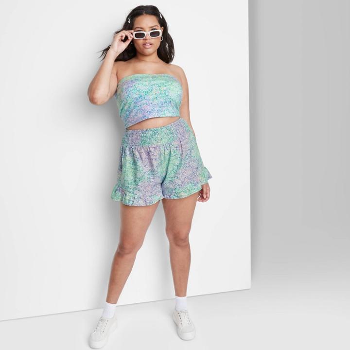 Women's Plus Size Fashion Shorts - Wild Fable Aqua Floral 1x, Blue Floral