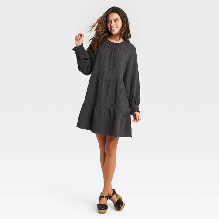 Women's Balloon Long Sleeve Tiered Babydoll Dress - Universal Thread Charcoal Gray