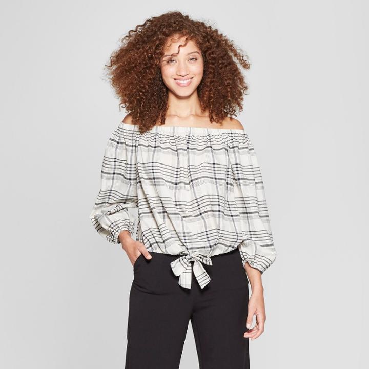 Women's Striped 3/4 Sleeve Off The Shoulder Tie Front Blouse - A New Day Gray/white