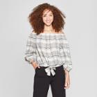 Women's Striped 3/4 Sleeve Off The Shoulder Tie Front Blouse - A New Day Gray/white