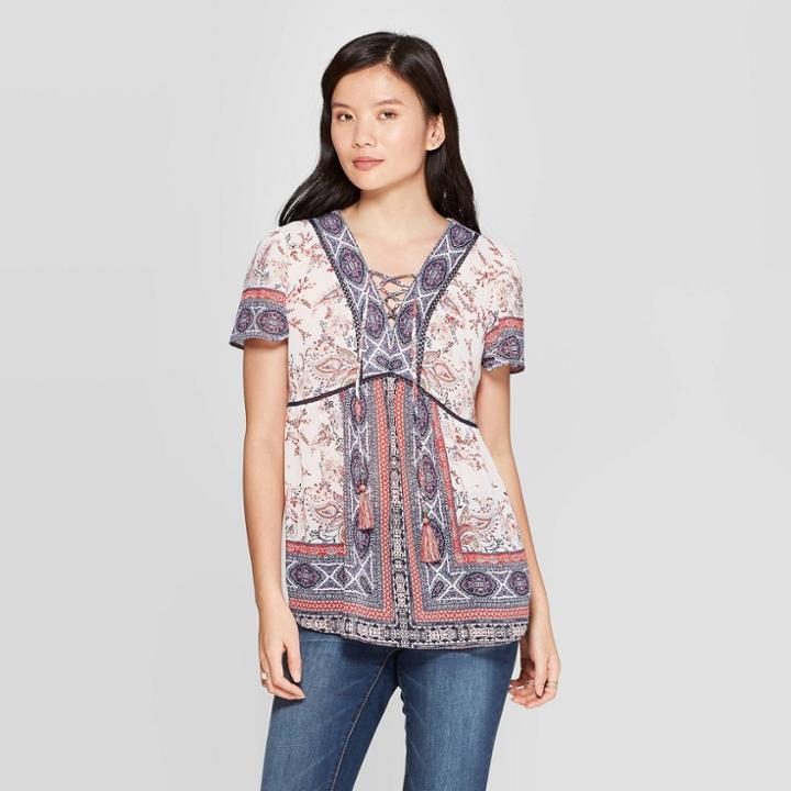 Women's Printed Short Sleeve V-neck Blouse - Knox Rose White