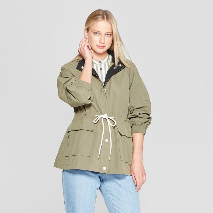 Women's Duo Front Pocket Button Snap Detail Stand Collar Utility Anorak Jacket - Who What Wear Green